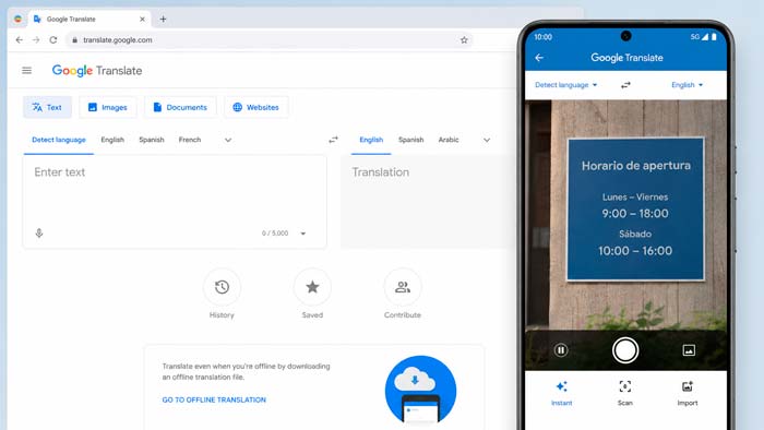 Google Translate mostrando opciones para traducir con cámara, documentos y paquetes de idiomas sin conexión