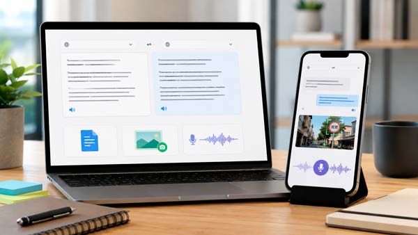 Ordenador y smartphone utilizando herramientas para traducir texto, documentos, imágenes y voz