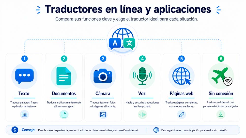 Comparativa visual de traductores para texto, documentos, imágenes, voz, páginas web y uso sin conexión