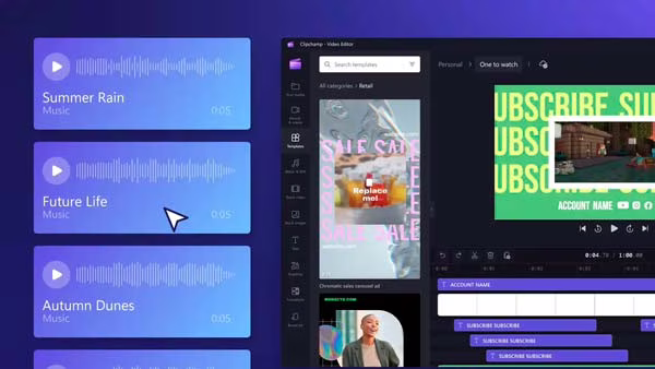 Interfaz de Clipchamp para editar vídeos en Windows y navegador