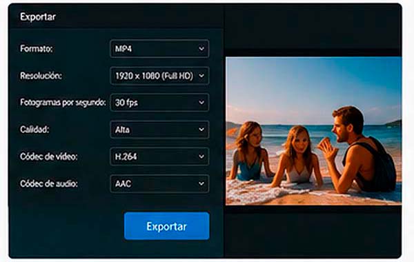 Configuración para exportar un vídeo en MP4 con H.264