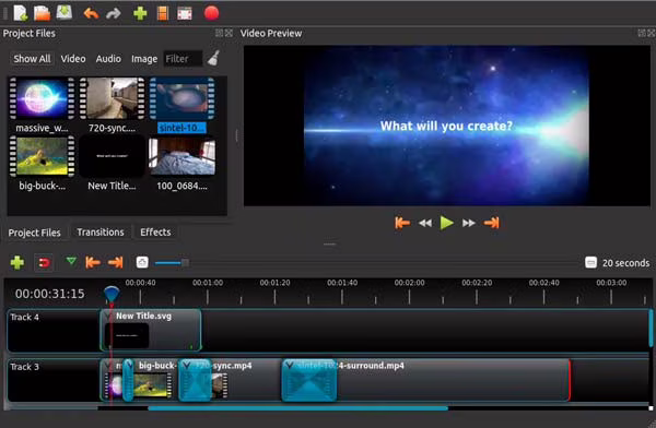 Interfaz de OpenShot con vista previa y línea de tiempo