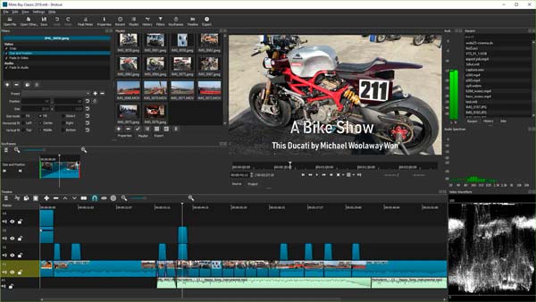 Interfaz de Shotcut con línea de tiempo y herramientas de edición