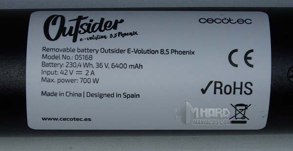 patinete outsider 8,5 phoenix, caracteristicas bateria