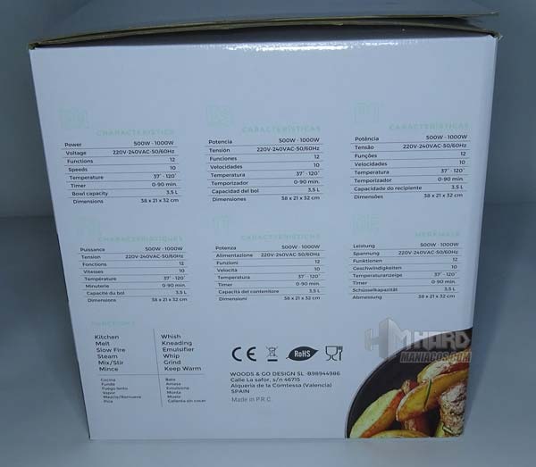 caja especificaciones robot cocina ChefBot Compact
