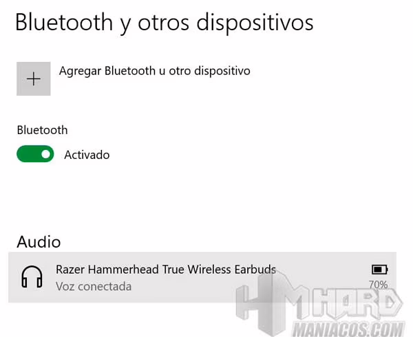 Razer Hammerhead True Wireless Earbuds Mercury conectados en PC y bateria