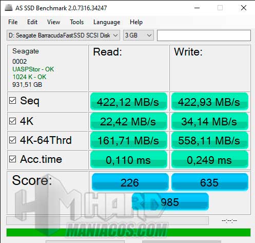 SSD Seagate BarraCuda Fast teste AS SSD cable USB C