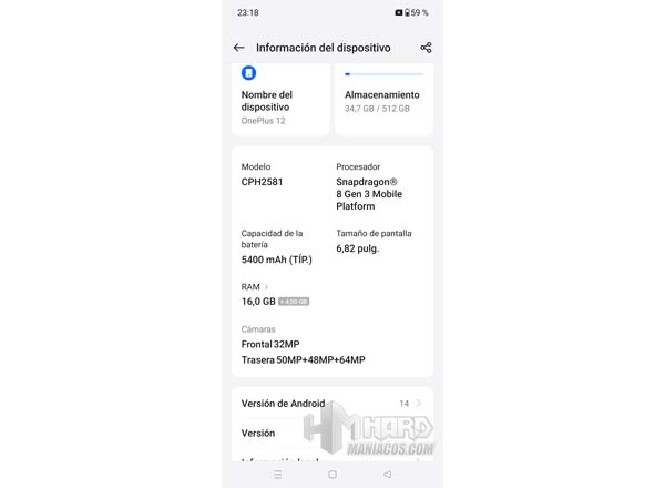 RAM Informacion del telefono OnePlus 12
