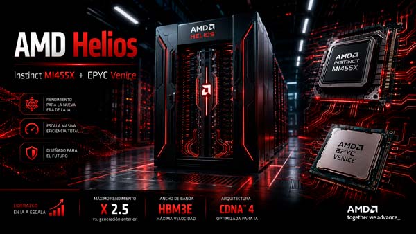 AMD Helios con Instinct MI455X y EPYC Venice para infraestructura de inteligencia artificial