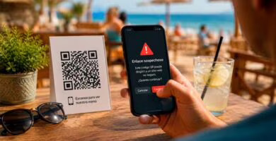 Alerta de enlace sospechoso al escanear un código QR en una terraza de verano