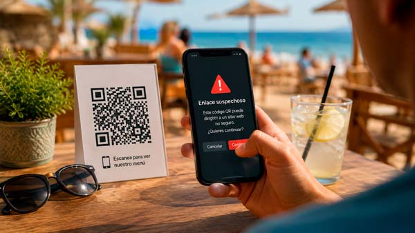 Alerta de enlace sospechoso al escanear un código QR en una terraza de verano