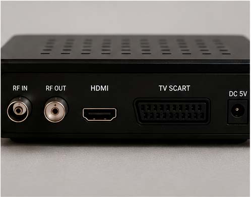 Conexiones HDMI antena y euroconector de un decodificador TDT DVB-T2
