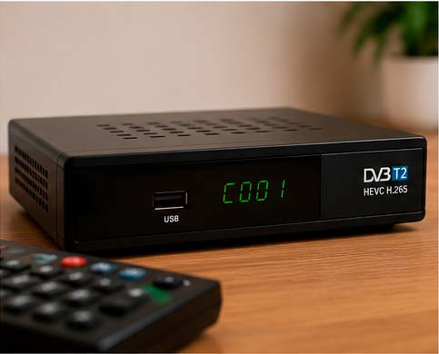Decodificador TDT DVB-T2 compatible con HEVC H.265 visto de frente