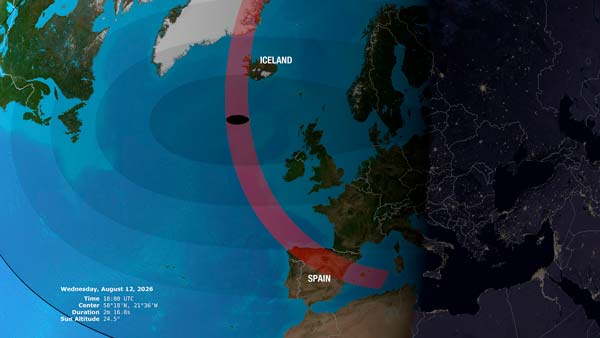 Recorrido del eclipse solar total de 2026 sobre España e Islandia