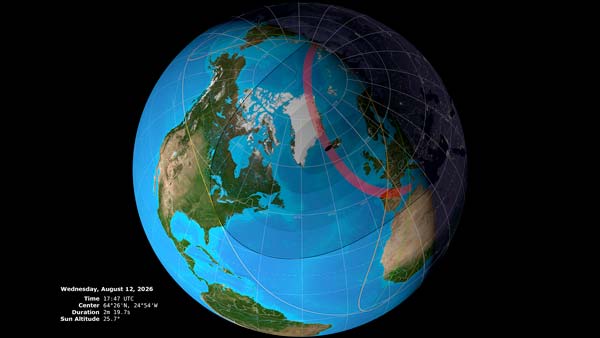 Vista global de la sombra del eclipse solar total de 2026 sobre la Tierra