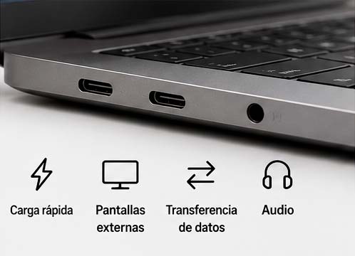 Funciones del USB-C en portátiles como carga rápida pantallas externas y transferencia de datos