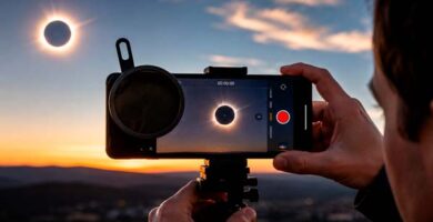 Persona grabando el eclipse solar de 2026 con el móvil y filtro de protección