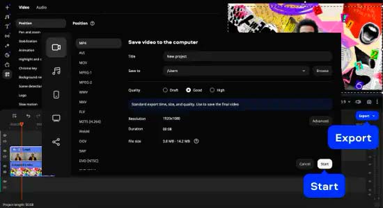 Ventana para exportar vídeos en Movavi Video Editor
