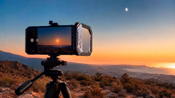 Móvil grabando un eclipse solar con filtro de protección colocado delante de la cámara