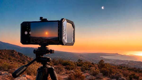 Móvil grabando un eclipse solar con filtro de protección colocado delante de la cámara