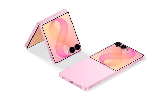 Samsung Galaxy Z Flip8 en color Rosa y distintas posiciones