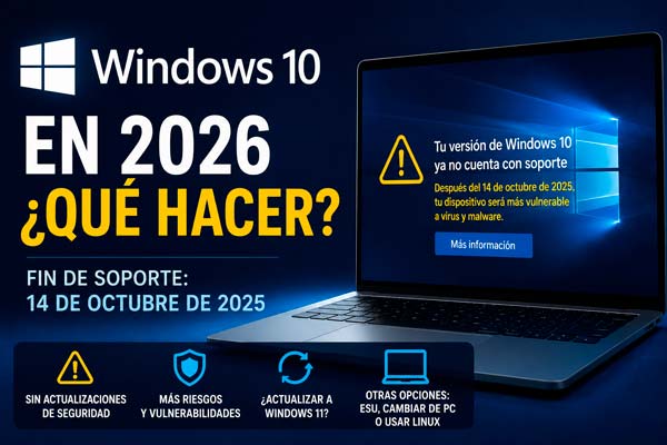 Windows 10 en 2026 tras el fin de soporte con aviso de seguridad y opciones para actualizar