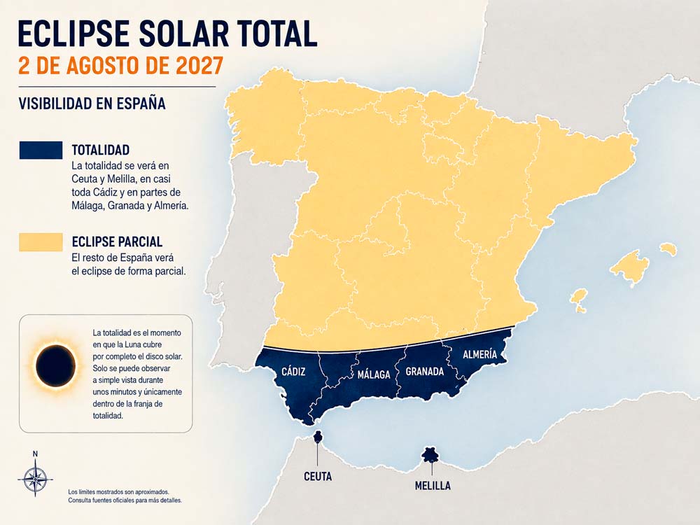 Mapa de la franja de totalidad del eclipse solar de 2027 en España