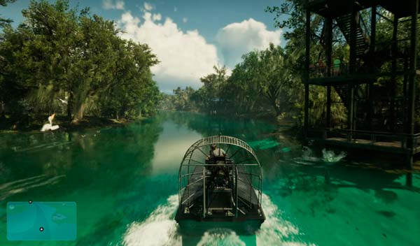 Deslizador navegando por los pantanos de Leonida en GTA VI