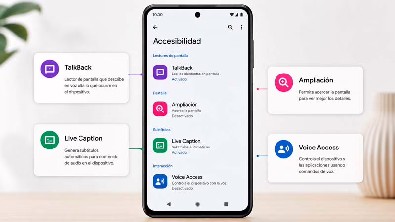 Teléfono Android con accesos a TalkBack, ampliación, Live Caption y Voice Access