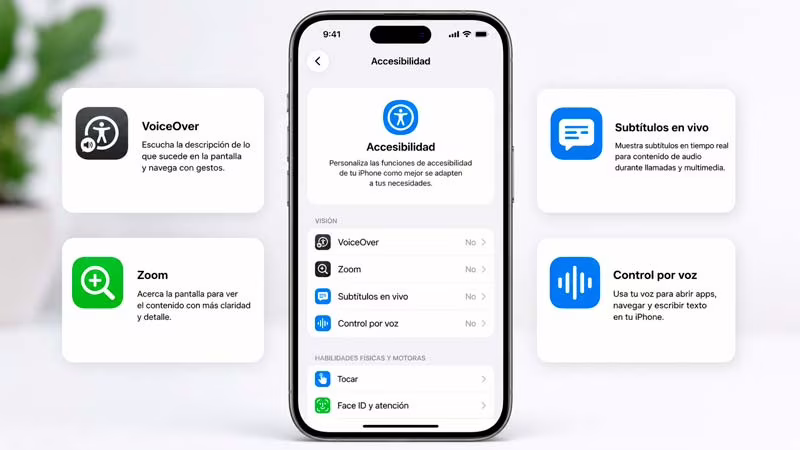 iPhone con funciones de VoiceOver, Zoom, subtítulos en vivo y Control por voz