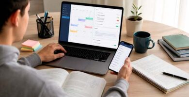 Estudiante organizando estudios, tareas, apuntes y exámenes con un portátil y un móvil