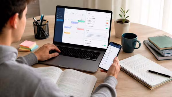 Estudiante organizando estudios, tareas, apuntes y exámenes con un portátil y un móvil
