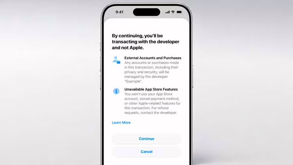 Pantalla informativa de Apple antes de completar una compra mediante un sistema de pago alternativo