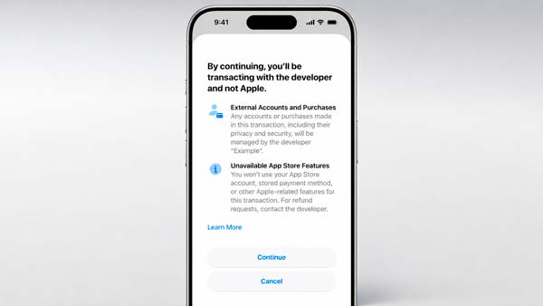 Pantalla informativa de Apple antes de completar una compra mediante un sistema de pago alternativo