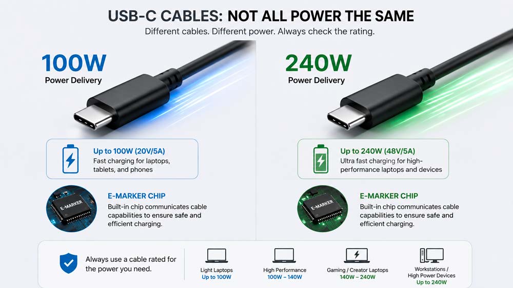 Cable USB-C de 100 W y 240 W para carga rápida Power Delivery