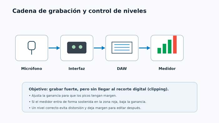 Esquema de la cadena de audio del micrófono a la grabación con medidores para evitar clipping