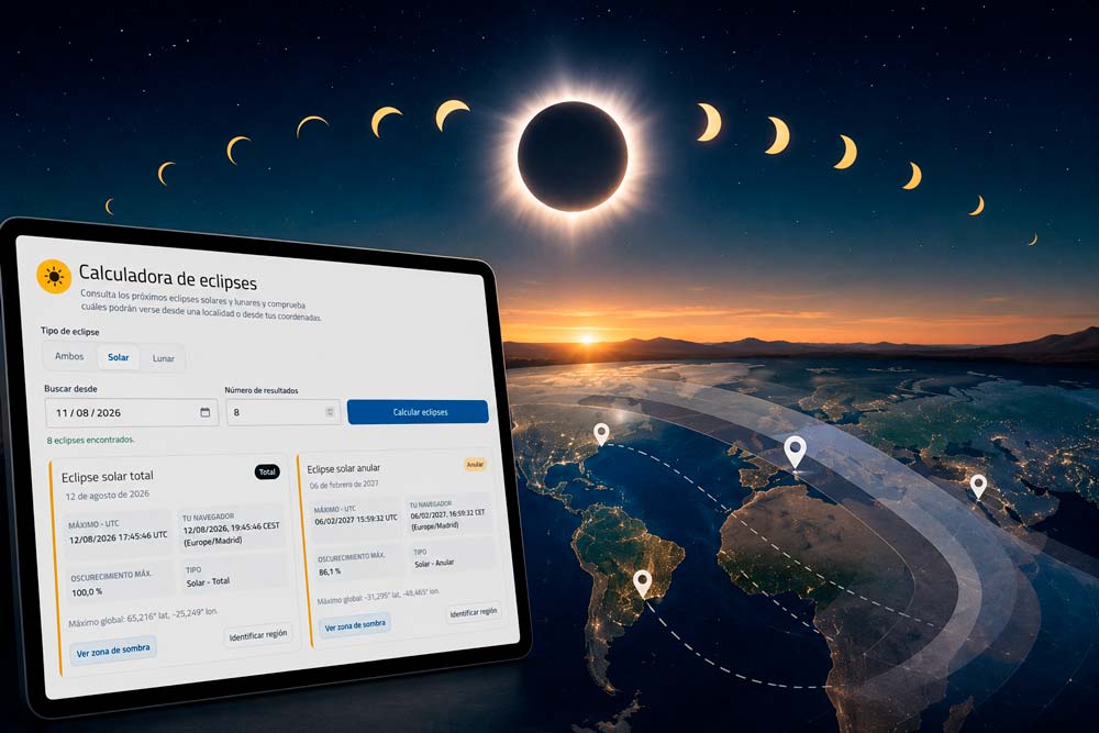 Calculadora de eclipses solares y lunares con próximos eclipses y zonas de visibilidad