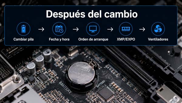 Esquema en español del cambio de pila CMOS y revisión posterior de fecha, arranque, XMP EXPO y ventiladores
