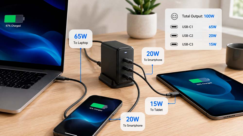 Cargador USB-C multipuerto repartiendo potencia entre portátil móvil y tablet