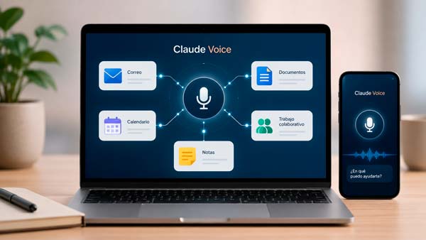 Claude Voice conectado a aplicaciones como correo calendario documentos y herramientas de productividad