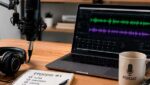 Micrófono, auriculares y ordenador preparados para grabar y publicar un podcast