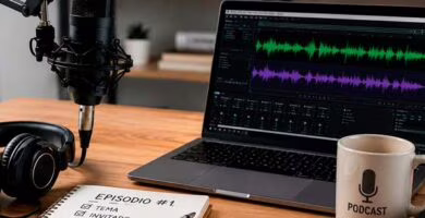 Micrófono, auriculares y ordenador preparados para grabar y publicar un podcast