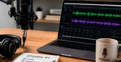 Micrófono, auriculares y ordenador preparados para grabar y publicar un podcast