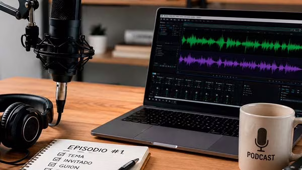 Micrófono, auriculares y ordenador preparados para grabar y publicar un podcast