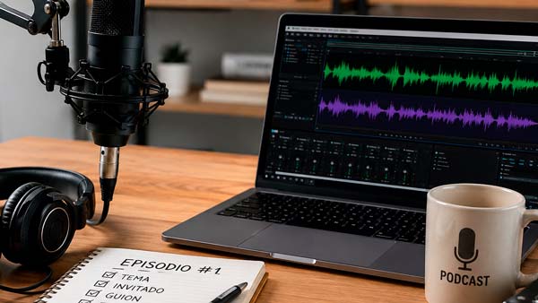 Micrófono, auriculares y ordenador preparados para grabar y publicar un podcast