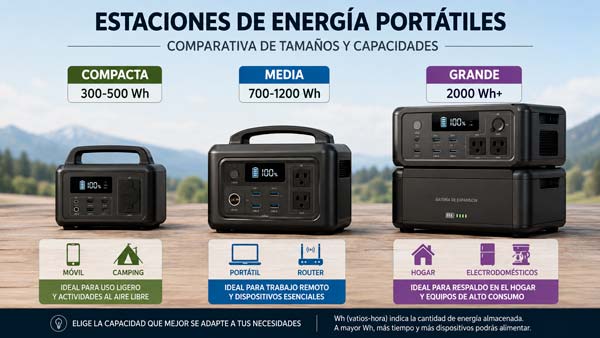 Comparativa visual de estaciones de energía portátil de distintas capacidades