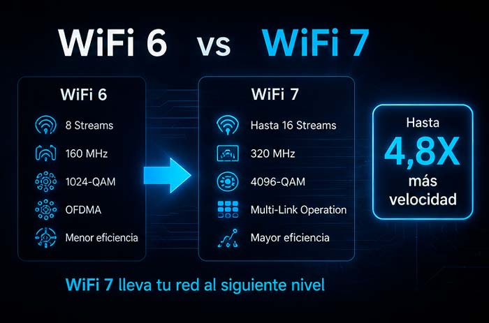 Comparativa entre WiFi 6 y WiFi 7 con mejoras de velocidad ancho de canal y latencia
