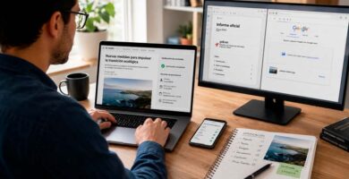 Persona comprobando fuentes, imágenes y datos de una información encontrada en Internet