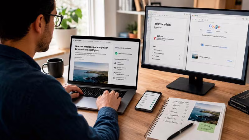 Persona comprobando fuentes, imágenes y datos de una información encontrada en Internet