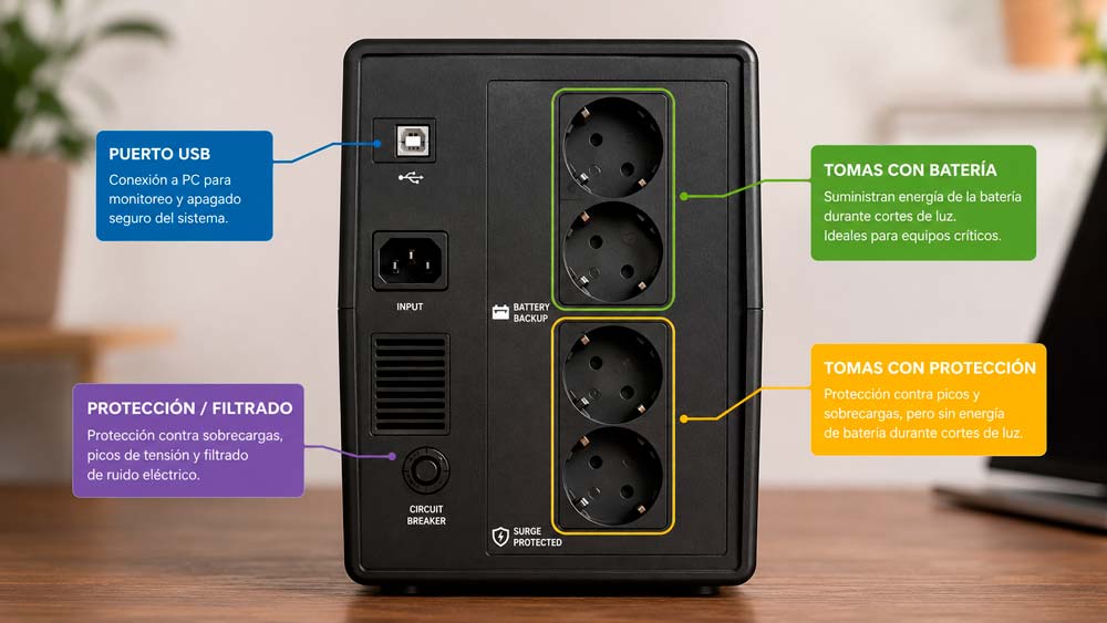 Conexiones traseras de un SAI con tomas de batería USB y protección